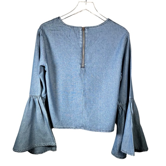 Boohoo Jennifer Flute Sleeve Denim Top Dark Blue Size US 8 UK 12 - Picture 2 of 14
